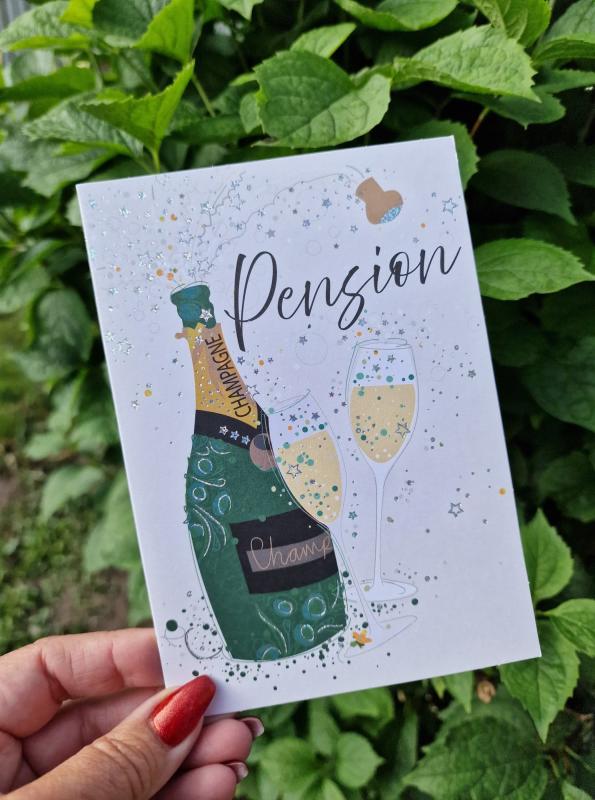 Pension, Kort med champagneflaska - Pictura