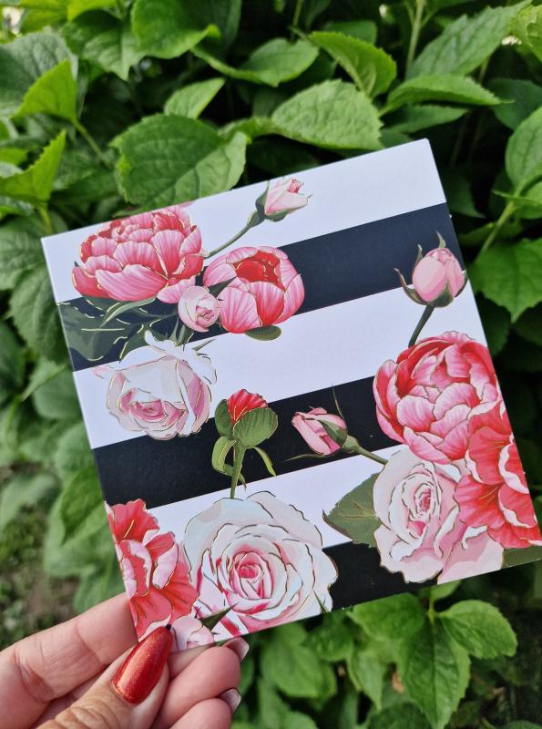 Kort med rosa rosor mot svart/vit randig botten, Pictura
