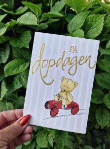 På dopdagen, Randigt kort med nalle och bil - Pictura