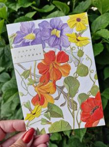 Happy Birthday, Kort med stora blommor på exklusivt papper - Pictura