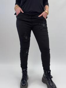Magiskt strechig byxa med blomapplikationer, Svart Harriet - Gemini