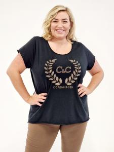 T-shirt med guldprint, Svart, Nova (Plus Size) - Cat & Co