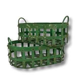 Korg i grön metall, Oval med handtag - Miljögården