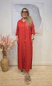 Linneklänning skjortmodell, Röd, Petronella - Soulful Fashion