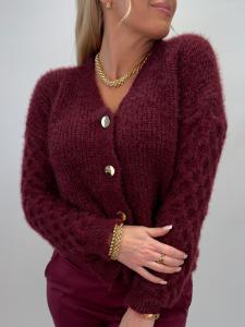 Stickad kofta med guldknappar, Vinröd Siv - Gemini