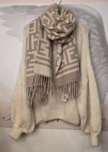 Halsduk med fransar, Grafiskt mönster, Taupe / Offwhite, Seline - Soulful Fashion