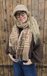 Halsduk med fransar, Grafiskt mönster, Taupe / Offwhite, Seline - Soulful Fashion