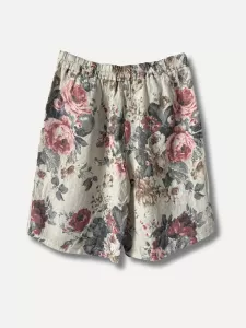 Linneshorts Knälånga, Beige Blommig, Cecilia - Reunion Home