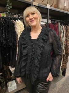 Blus med spets, volang och glitter, Svart Sanna - Caramelle Fashion