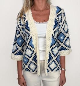 Cardigan Virkad, Blå / Creme, Lisa - Caramelle Fashion