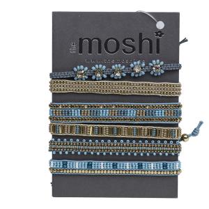 Armband, Små glaspärlor i blå och beige toner (textilband) - the moshi