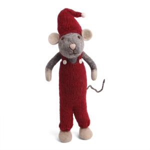 Söt tovad grå mus med röda hängselbyxor (80422) - Én Gry & Sif