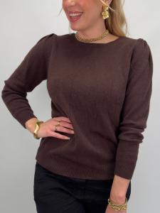 Stickad tröja med puffärm, Mörkbrun Elvy - Gemini