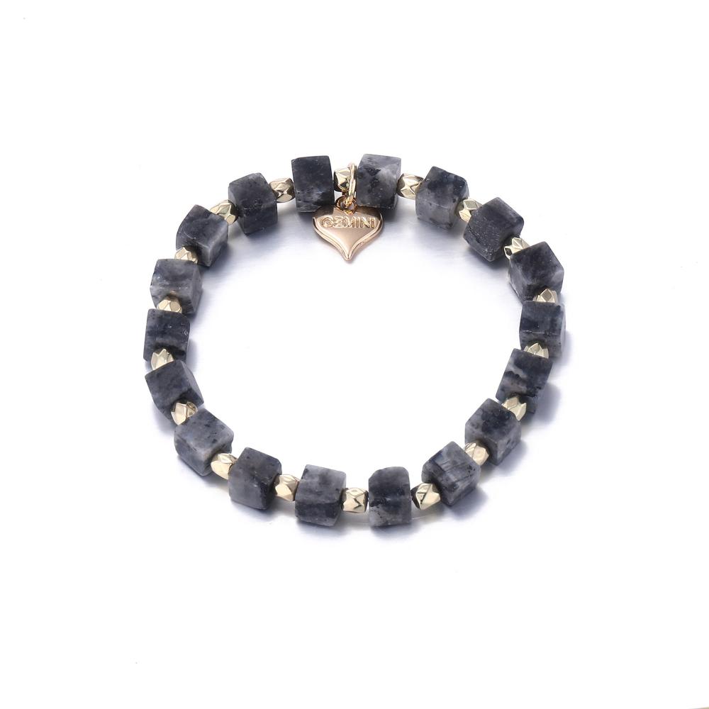 Elastiskt armband, gråa kuber och guldiga pärlor - Gemini