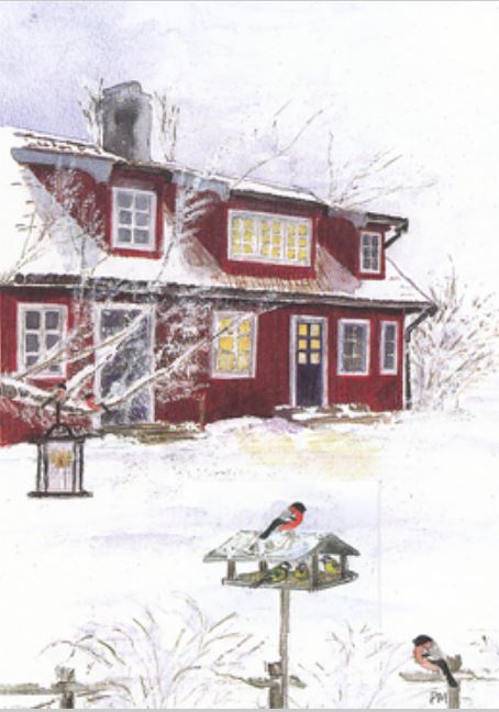 Dubbelvikt julkort i akvarell - Fågelbord