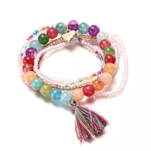 Armband, 7 rader pärlor med färgglad tofs, Elastiskt - Gemini