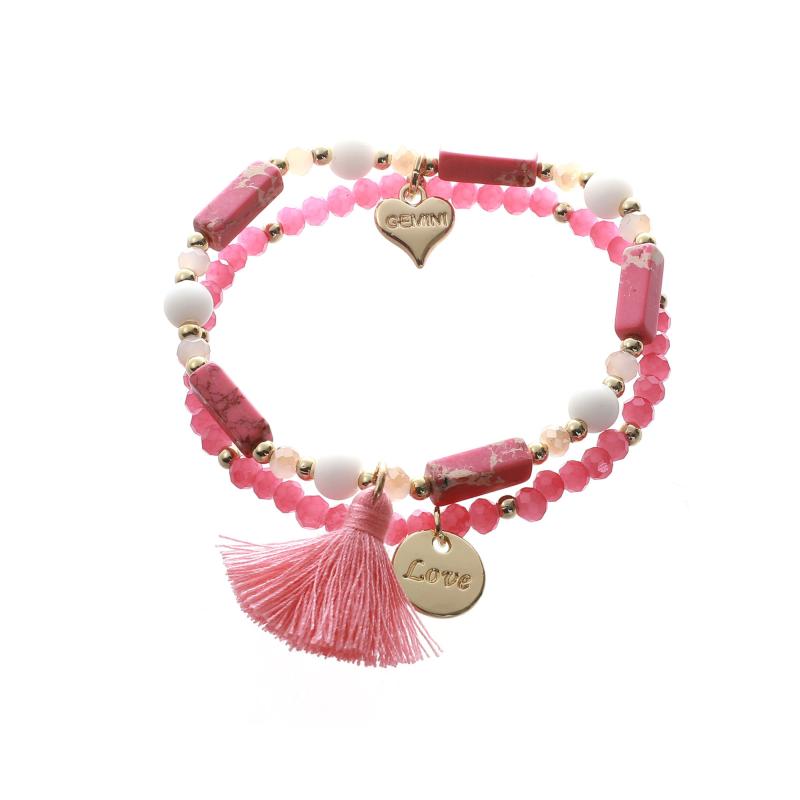 Armband med 2 rader pärlor i olika rosa nyanser samt tofs, Elastiskt - Gemini