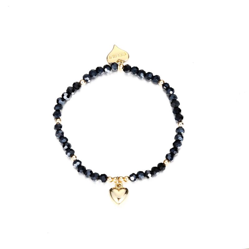 Elastiskt armband med svarta fasetterade pärlor och "guld"hjärta - Gemini