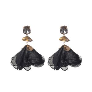 Örhängen, Svart sten med svart böljande blomma - Gemini