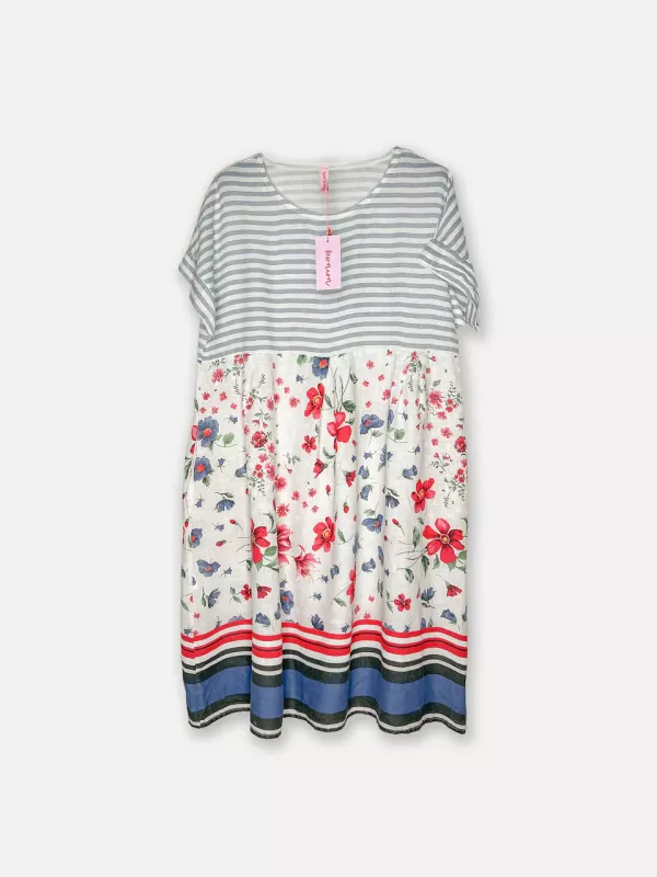 Linneklänning, Randig/Blommig Vit, Sanna - Reunion LEV MARS (1 = M/L)