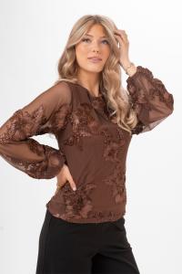 Blus med satinbroderade blommor, Brun Maeve - Capri Collection
