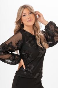 Blus med satinbroderade blommor, Svart Maeve - Capri Collection