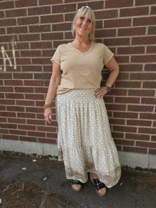 Kjol med bred resårsmock, Taupe mönstrad, Kajsa - Three M
