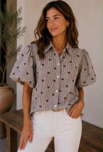 Blus med puffärm, Brun randig med hjärtan, Celina - Caramelle Fashion
