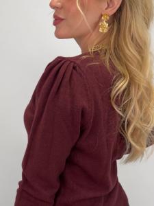 Stickad tröja med puffärm, Vinröd Elvy - Gemini