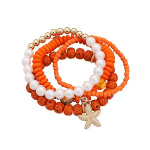 Armband Elastiskt, Orange / Vitt / Guld, Set om 4 - Gemini
