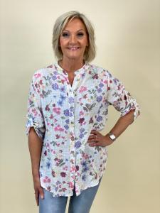 Blommig blus i bomull med linnekänsla, Vit/Multi (Ellie) - Mix by Heart