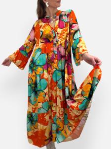 Klänning Storblommig, Orange / Turkose / Gul, Emily - Gemini