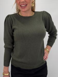 Stickad tröja med puffärm, Mörkgrön Elvy - Gemini