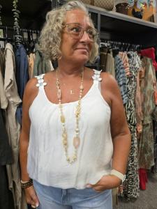 Linne med blomband, Vit Alexia - Caramelle Fashion