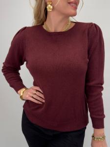 Stickad tröja med puffärm, Vinröd Elvy - Gemini