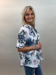 Blus i bomull med linnekänsla, Vit Blommig, Kelly - Mix by Heart