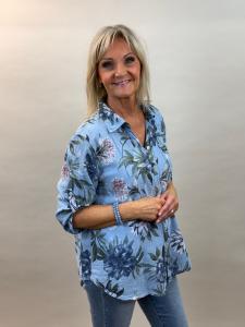 Blus i bomull med linnekänsla, Blå Blommig, Kelly - Mix by Heart