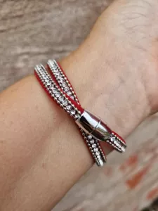 Armband Läder, Dubbelt i rött/strass - IDAR