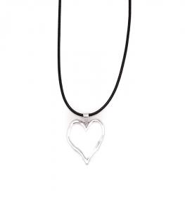 Gemini Halsband, Silverfärgad hjärta med svart läderband (kort)
