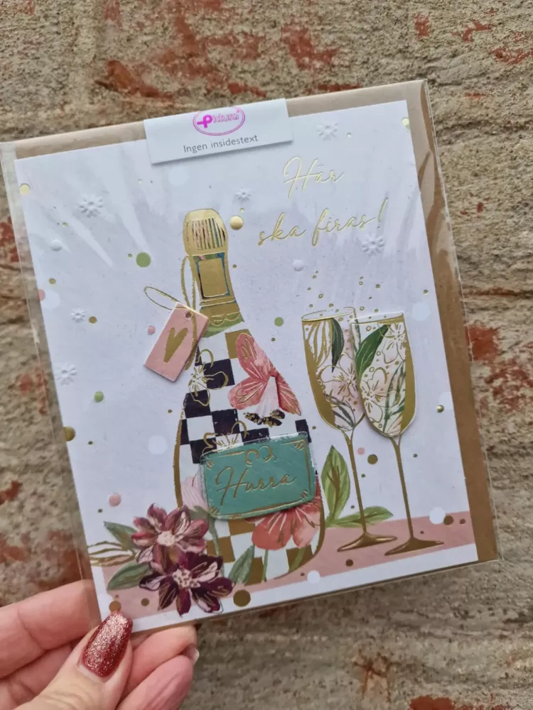 Kort med Champagneflaska och 2 glas, 3D - Pictura