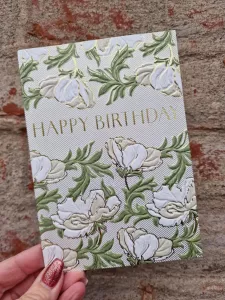 Kort, HAPPY BIRTHDAY och blommor i grönt + vitt - Pictura