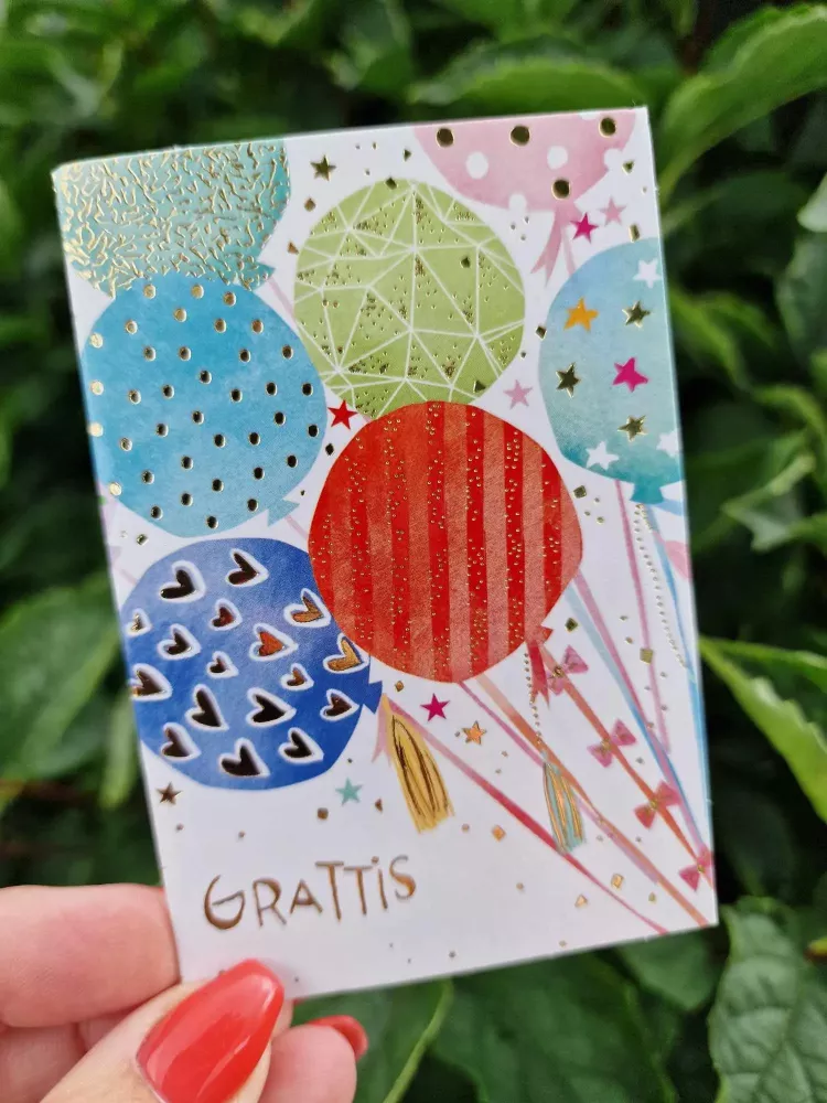Mini-kort: Färgglada ballonger "Grattis" - Pictura