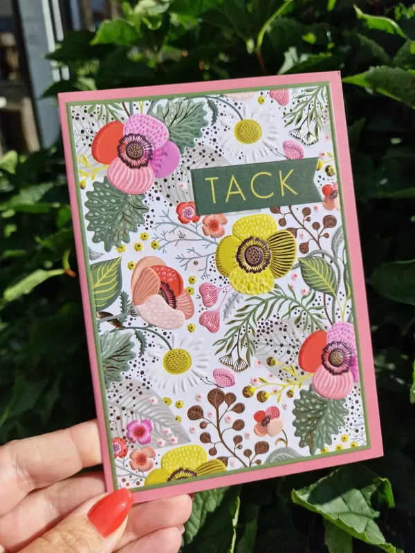 Tack - Kort med blommor i vackra färger i präglat tryck - Pictura