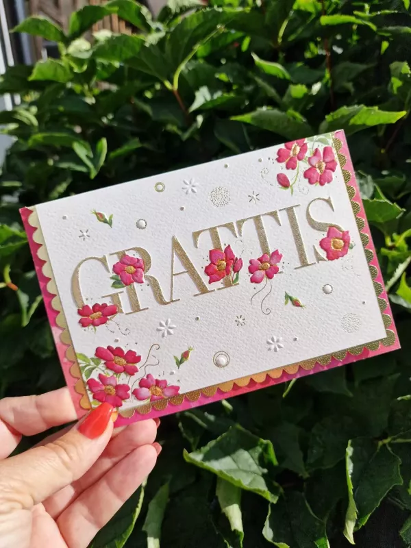 Grattis - Präglade bokstäver och blommor, tandad guldkant - Pictura