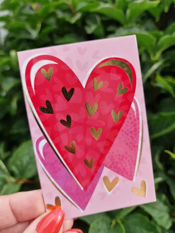 Mini-kort: Rosa och guldhjärtan - Pictura