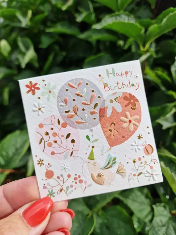 Mini-kort: 3 ballonger och fågel "Happy Birthday" - Pictura