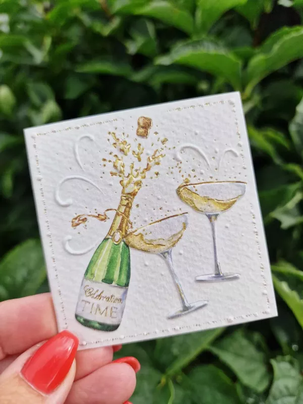 Mini-kort: Champagneflaska som poppar + 2 champagneglas - Pictura