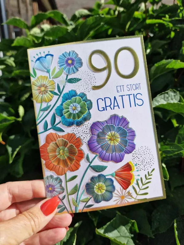 90 - Ett stort grattis (kort med blommor + 90 i guld) Pictura