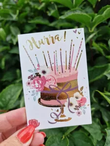 Mini-kort: Tårta i rosa och guld "Hurra!" - Pictura