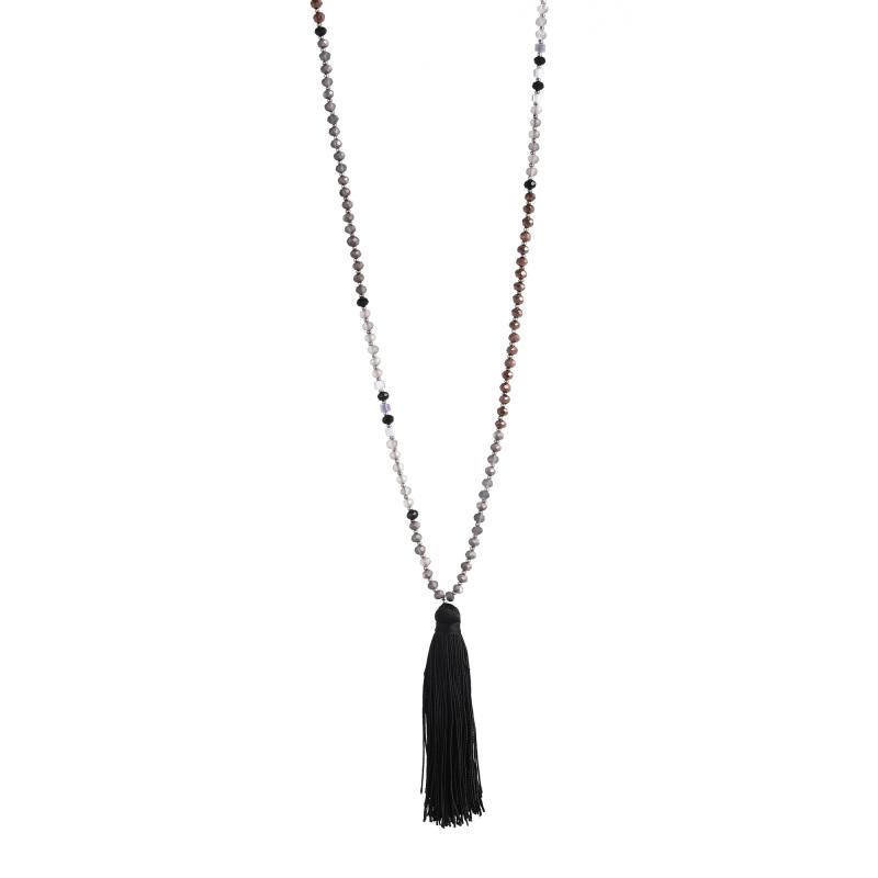 Gemini Halsband, Skimrande fassetterade pärlor i grått och svart med svart tofs (långt) - Gemini